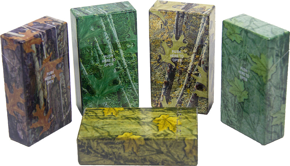 12 Pack 100' Push-to-Open Plastic Cigarette Case Camouflage Design