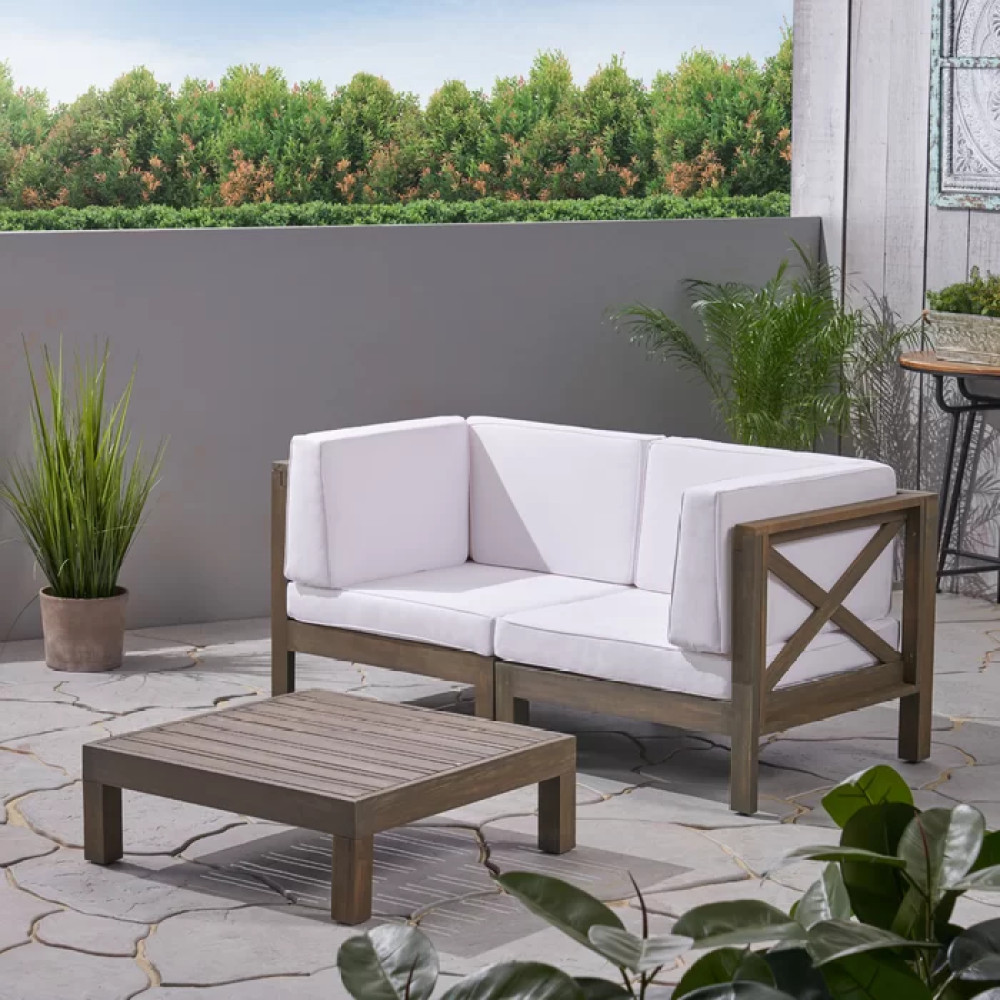 Modular Outdoor Loveseat w/ Coffee Table & Cross-Back Design