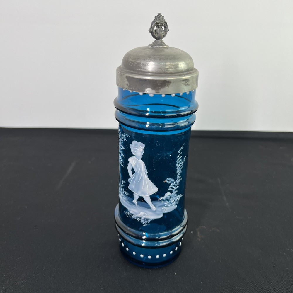VINTAGE BLUE GLASS PICKLE JAR HAND PAINTED SILVER PLATE LID