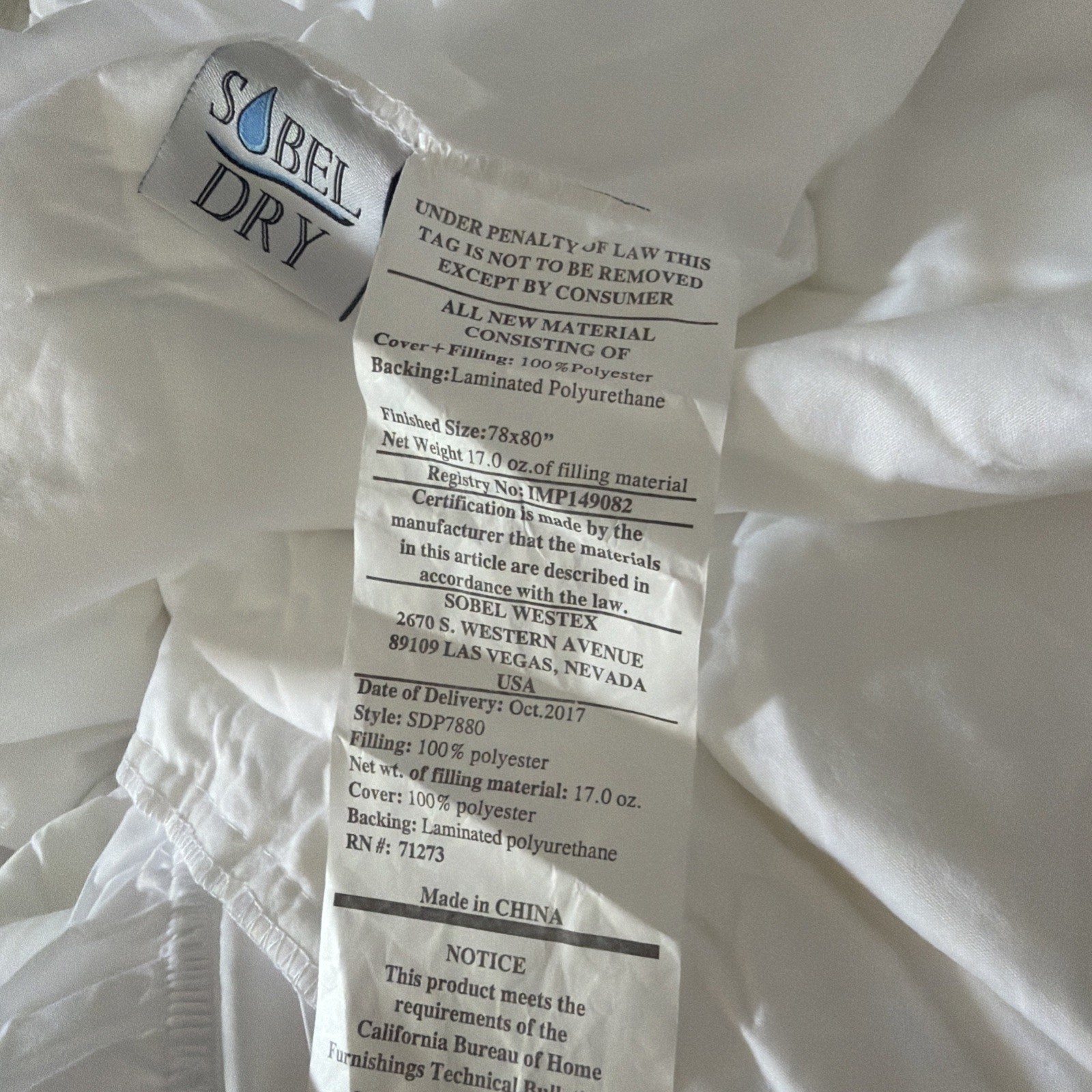 Sobel Westex SobelDry Waterproof Protector Mattress Pad 78”X80”king NEW