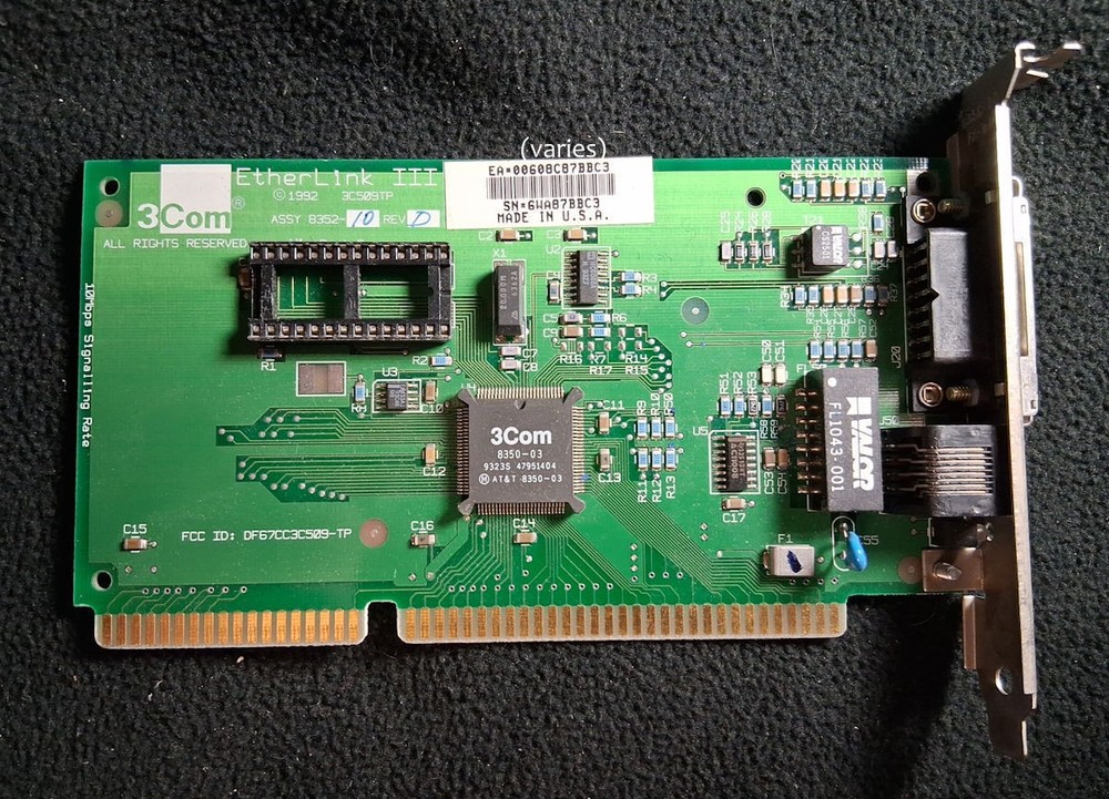 Vintage 1992 3Com Etherlink III 3C509TP 10BaseT ethernet card network