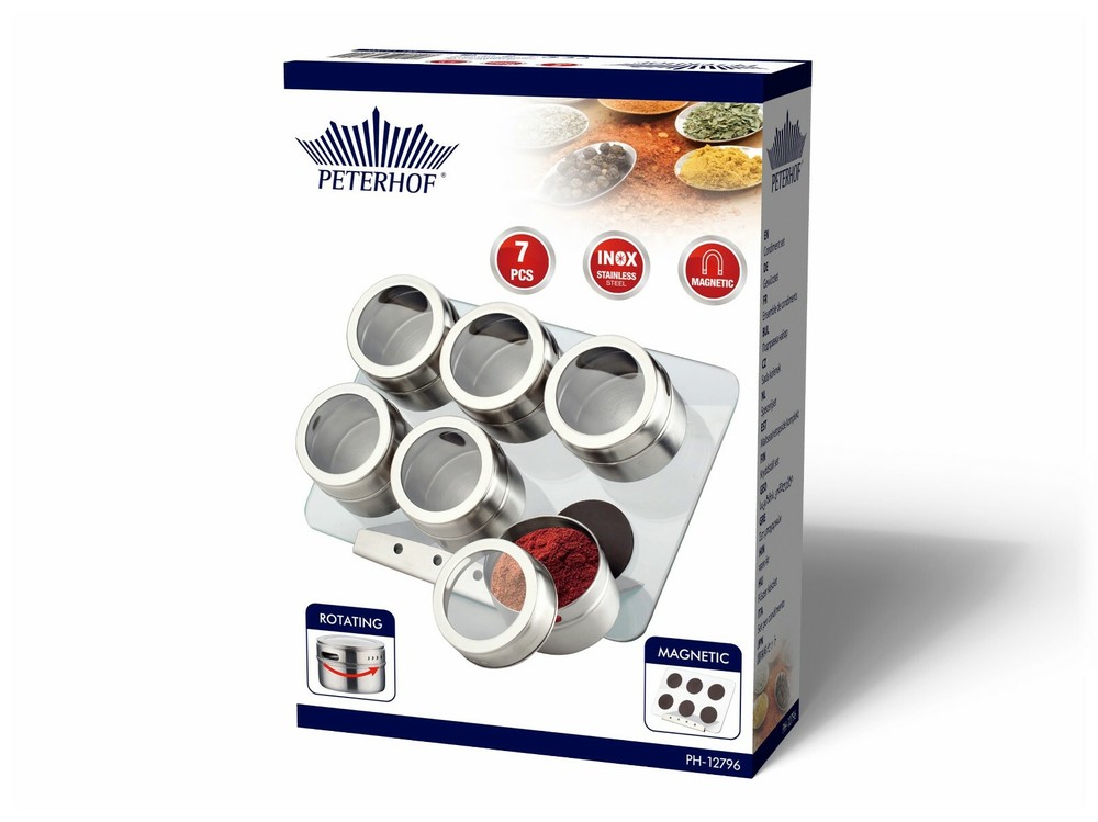 6 Piece Magnetic Spice Rack With Rectangular Glass Stand