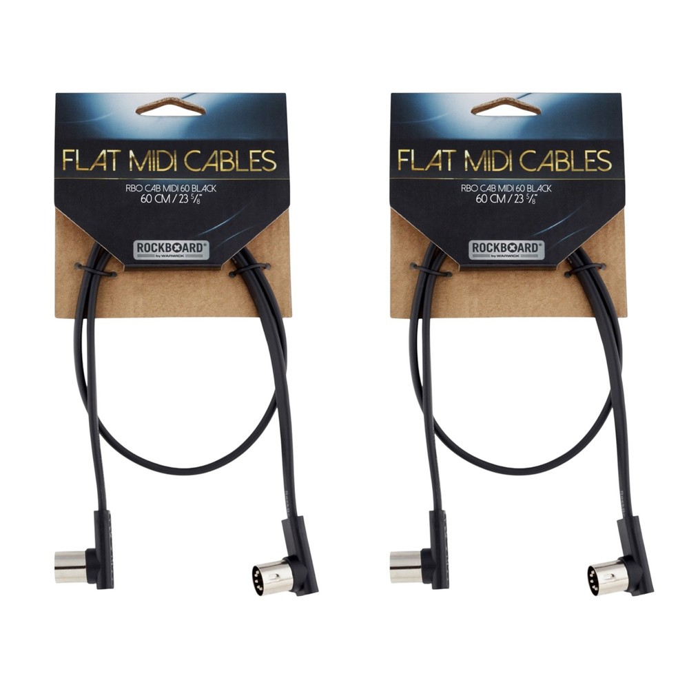 Rockboard Flat MIDI Cable - 60cm 24in Black Right Angle 2-PACK