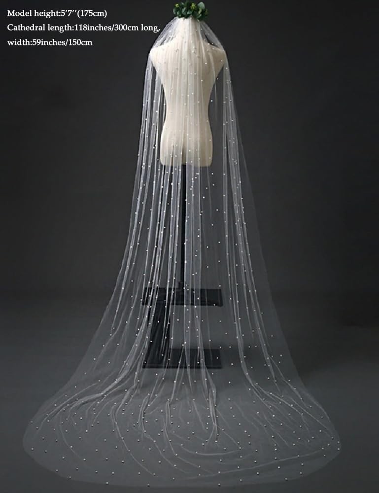 1 Tier Pearl Wedding Bridal Veil, Metal Comb, Cathedral Length, Classic, F55