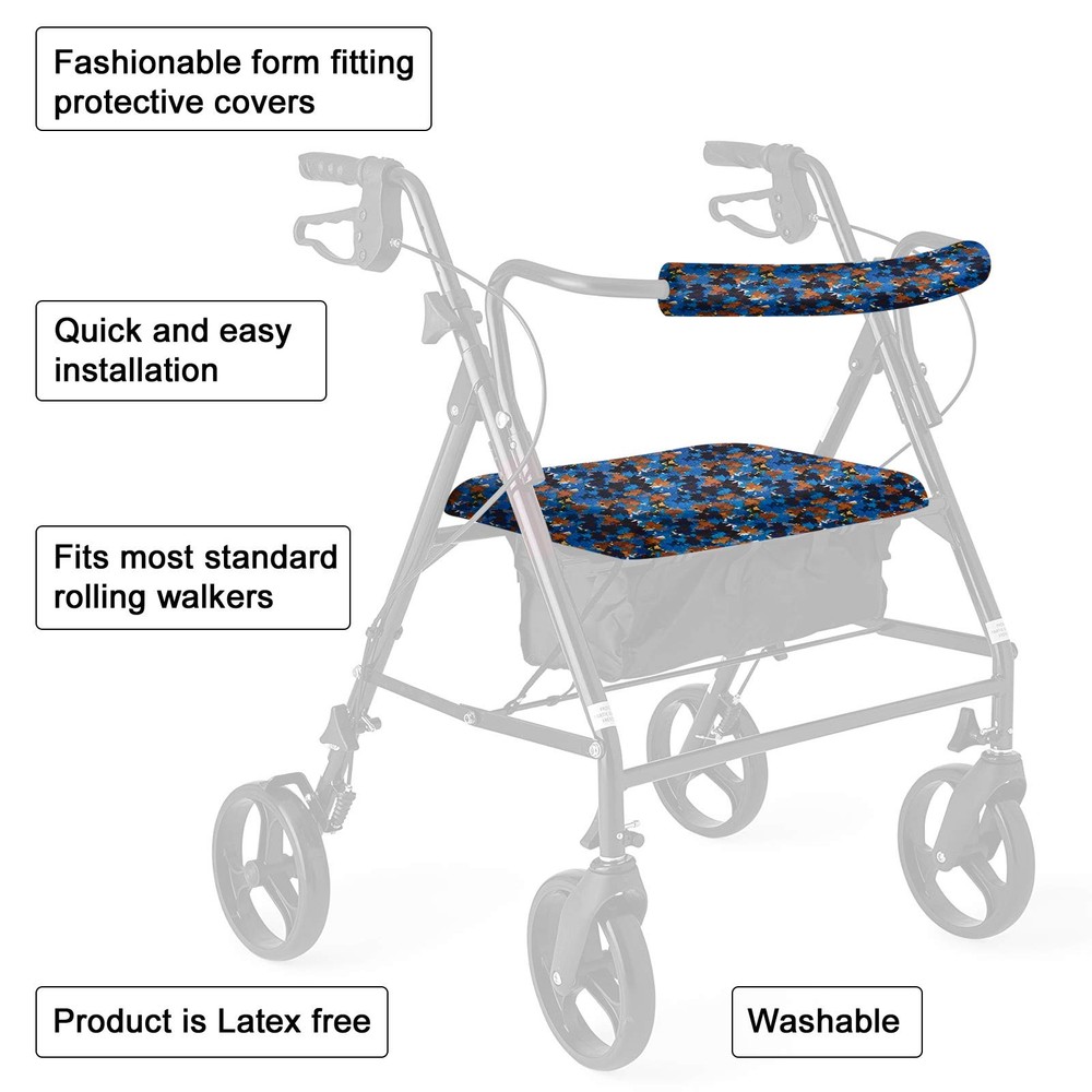 Rollator Walker Seat and Backrest Covers Set - Adjustable Patterns Blue Leaf