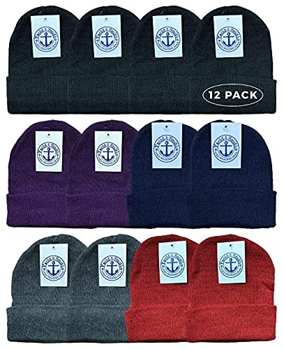 12 Pack Black Beanies, Bulk Thermal Winter Hat Solid Black (Assorted)