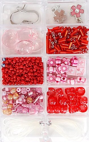 Fiona Plastic Bead Box with Assorted Red and Pink Plastic Beads and Components