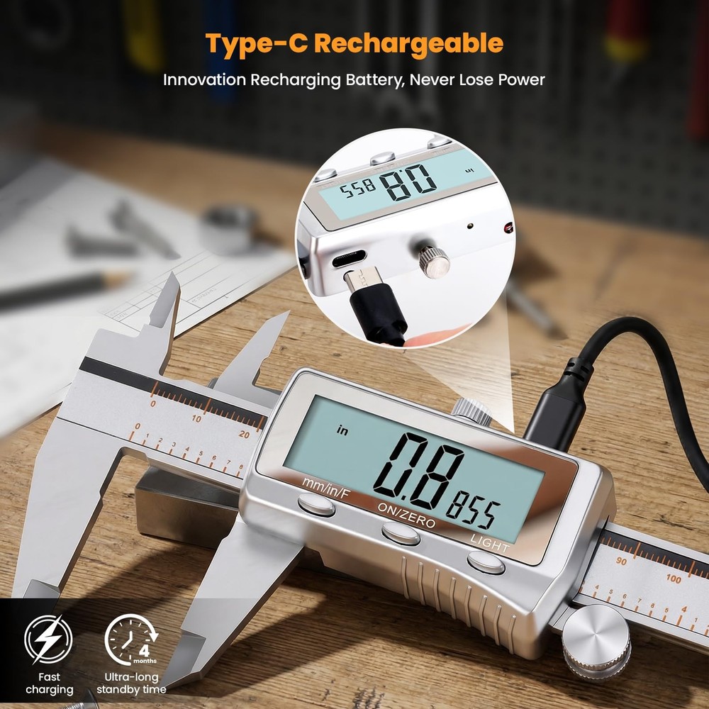 Digital Caliper, Rechargeable Caliper Measuring Tool with Backlight LCD Scree...