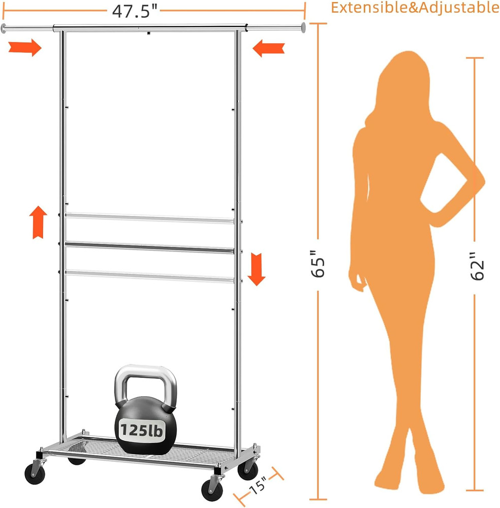 Extendable Chrome Garment Rack with Wheels and Bottom Shelf