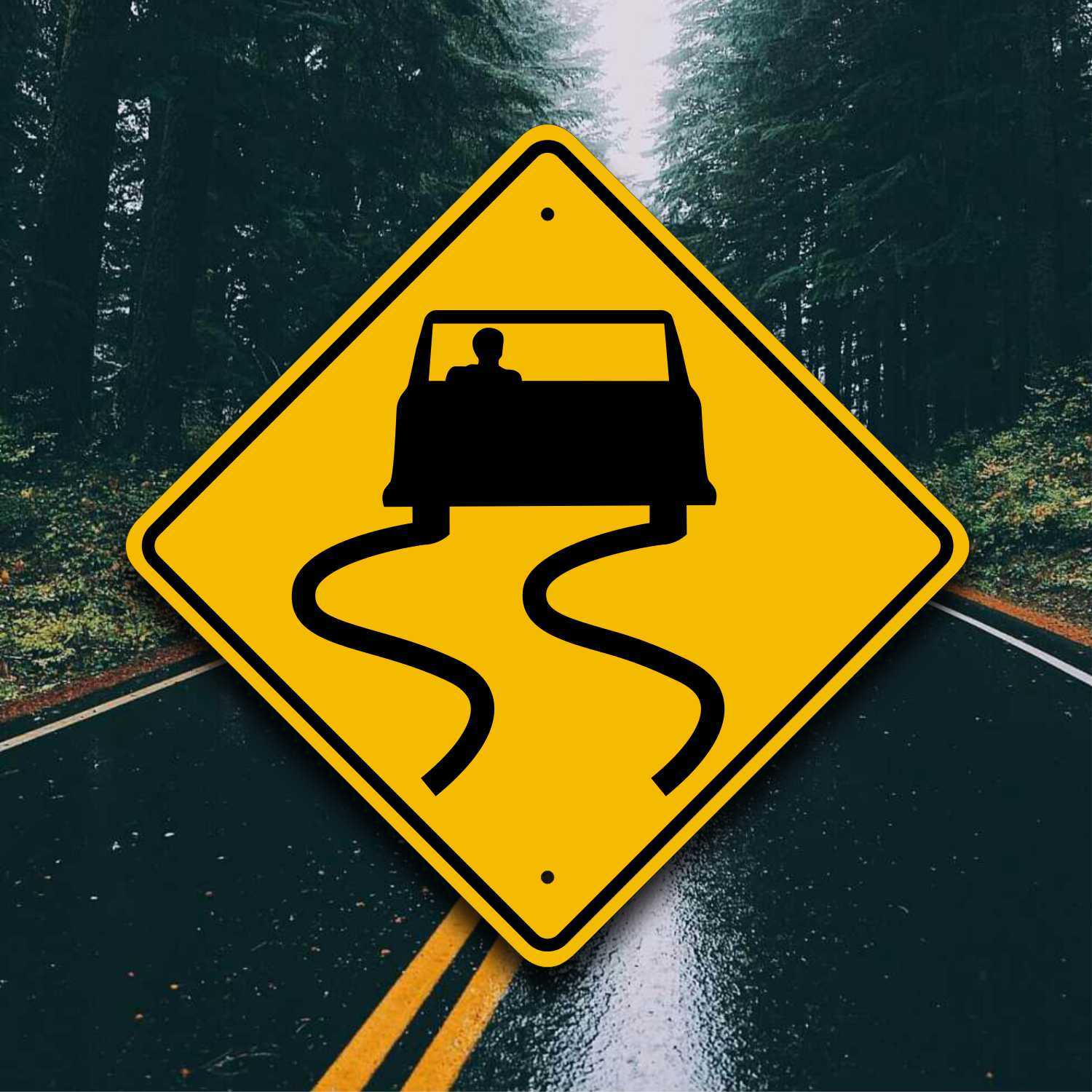 SLIPPERY WHEN WET ROAD SIGN - Aluminum Safety Placard - Unique Fun Garage Decor
