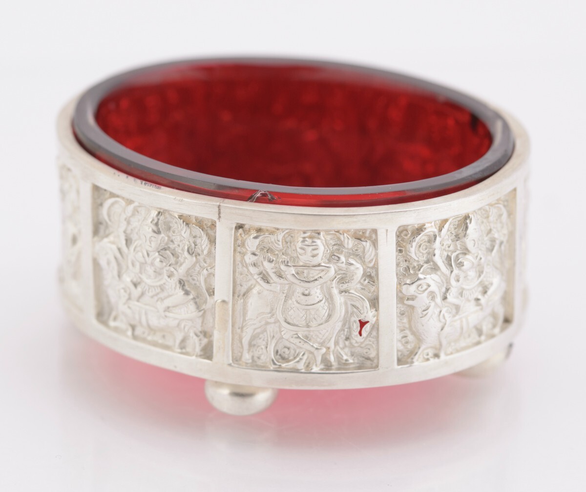 Pair Antique Victorian Sterling Silver & Cranberry Glass Salts Hallmarked 1888