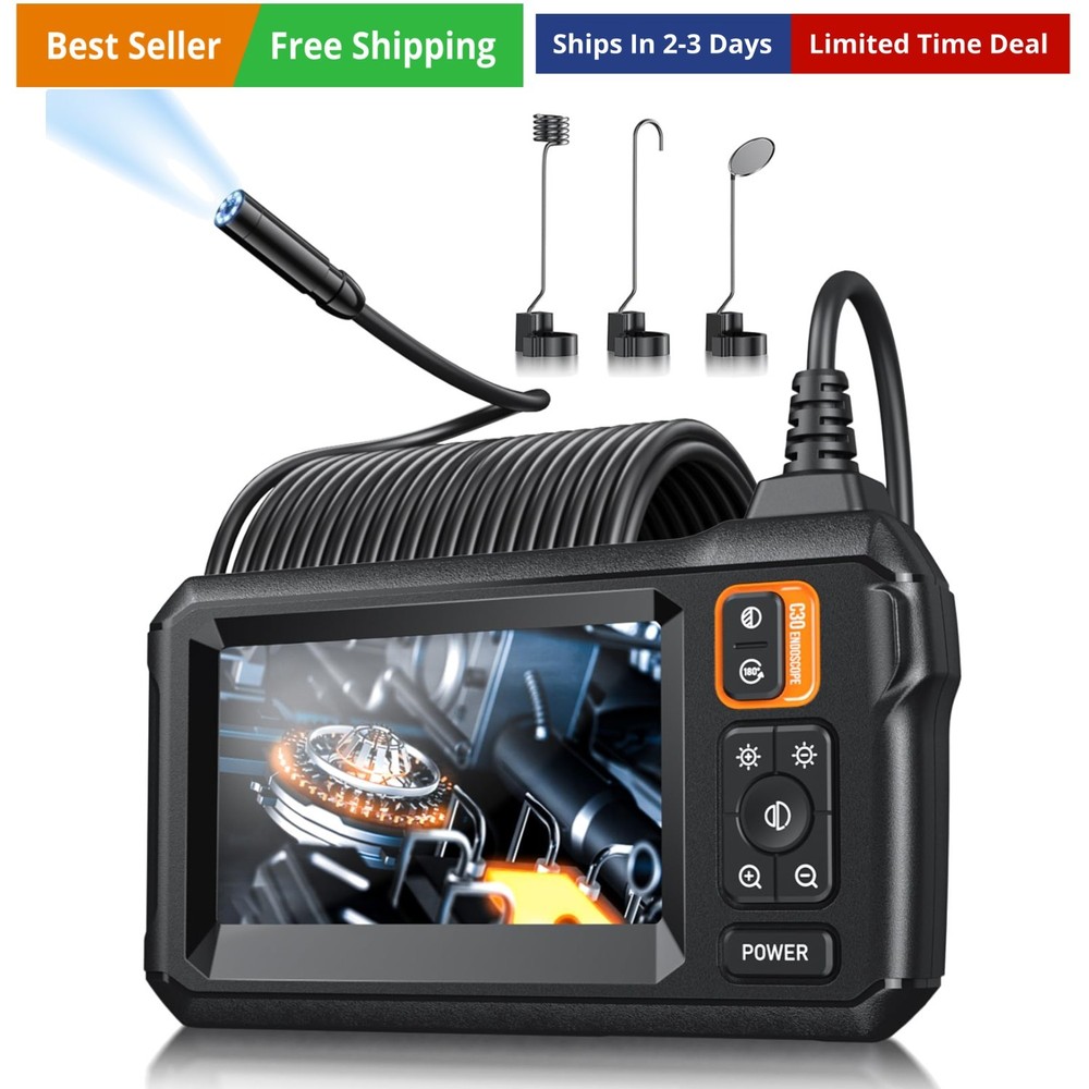 Endoscope Camera with Light, Inspection Borescope Camera with 4.3" IPS Screen...