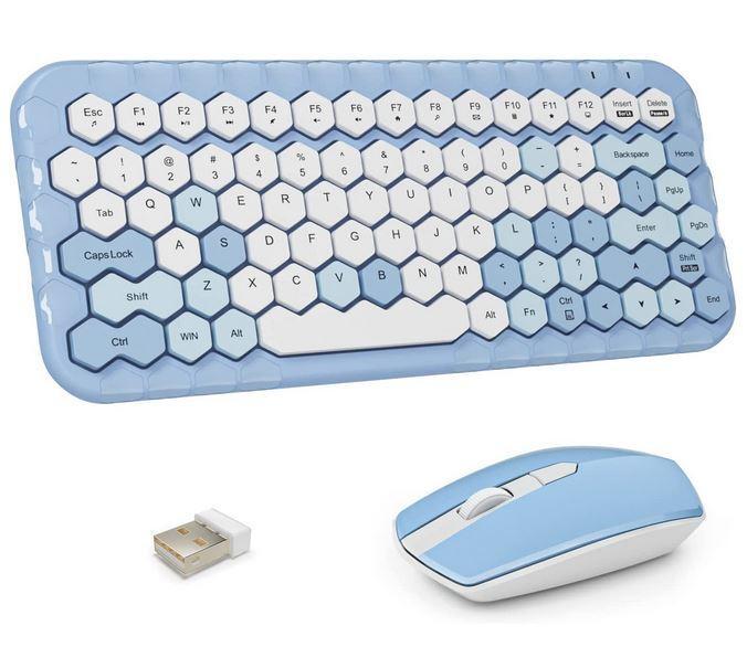 Mofii Wireless Keyboard & Mouse Combo Cute Keycaps Keyboard Hexagonal Keys Blue