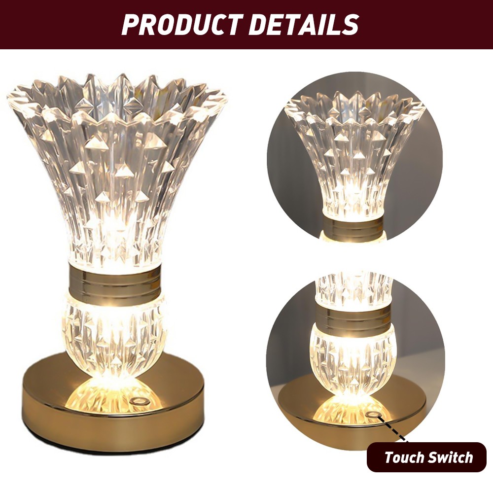 LED Crystal Table Lamp Vase Night Light Touch Dimmable Atmosphere Bedside Gift