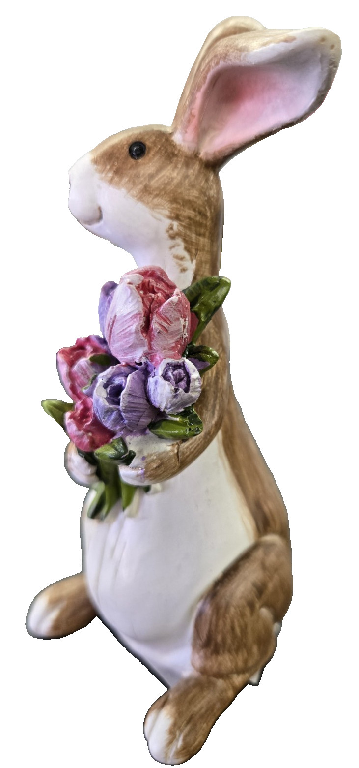6" Easter Bunny Figurine Resin Rabbit Sculpture with Pink and Purple flowers