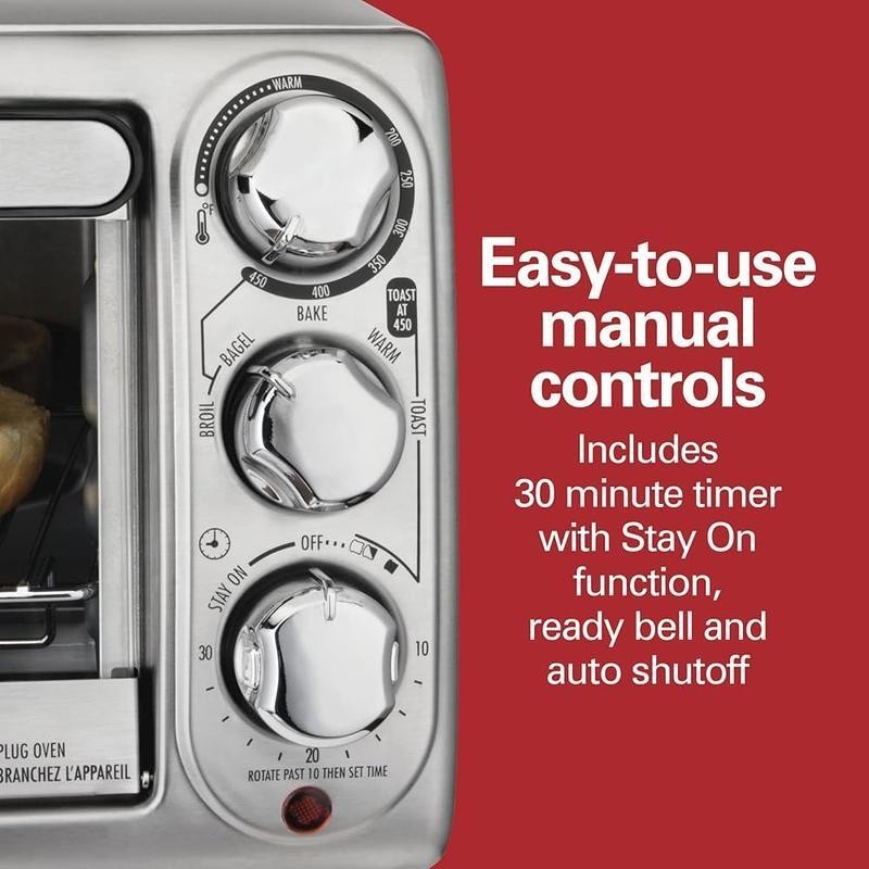 4 Slice Toaster Oven W/ Baking Broiling Toasting Keep Warm & Automatic Shutoff