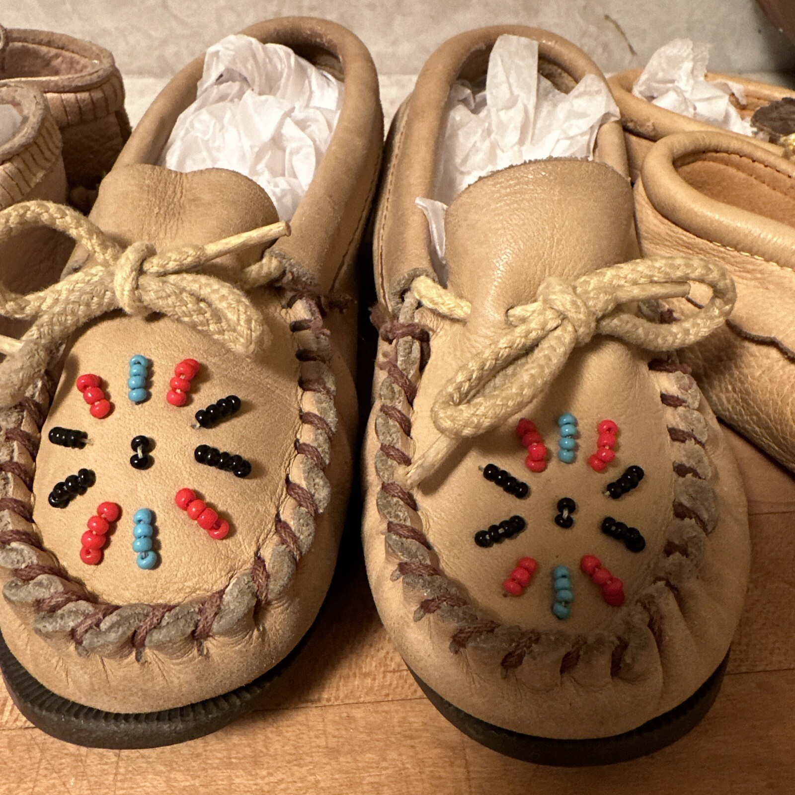 3 Pair Vintage Native Indian moccasins leather beads toddler Western Decor