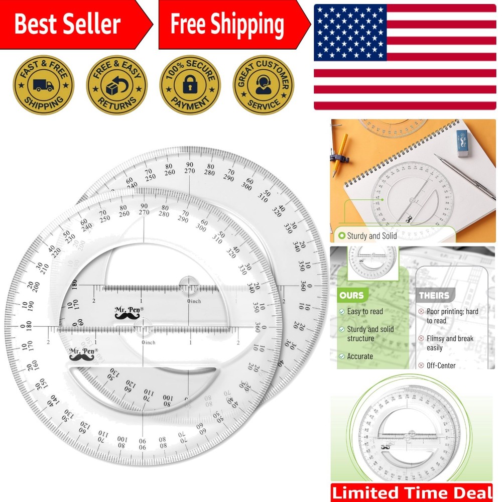 Math Geometry Protractor Set - Two Transparent 360-Degree Tools for Adventures