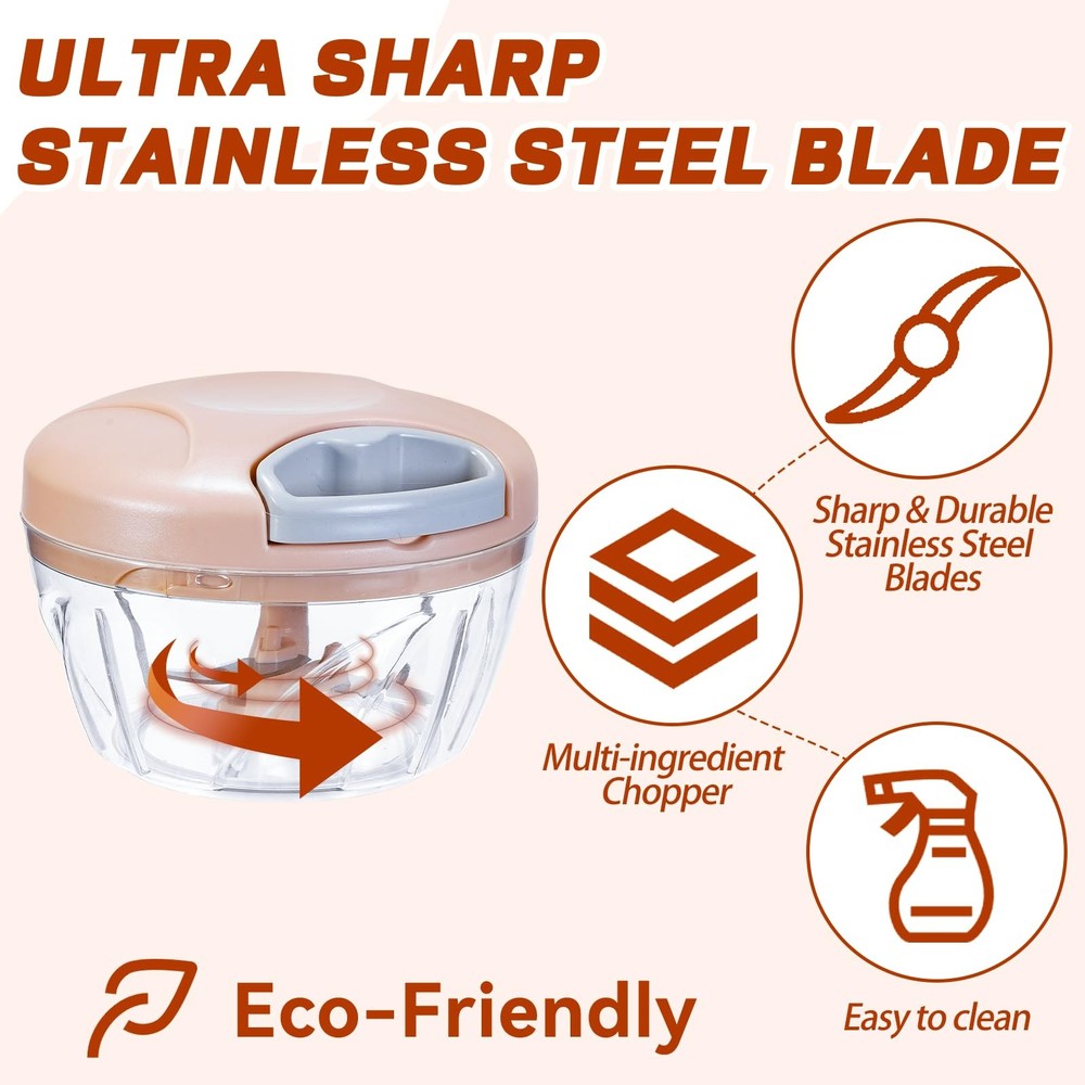 ‌Manual Food Processor Vegetable Chopper, Portable Hand Pull 500ml, Pink