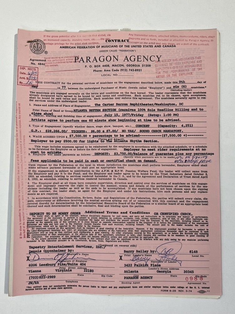 The Atlanta Rhythm Section Concert Contract 1977 Washington DC