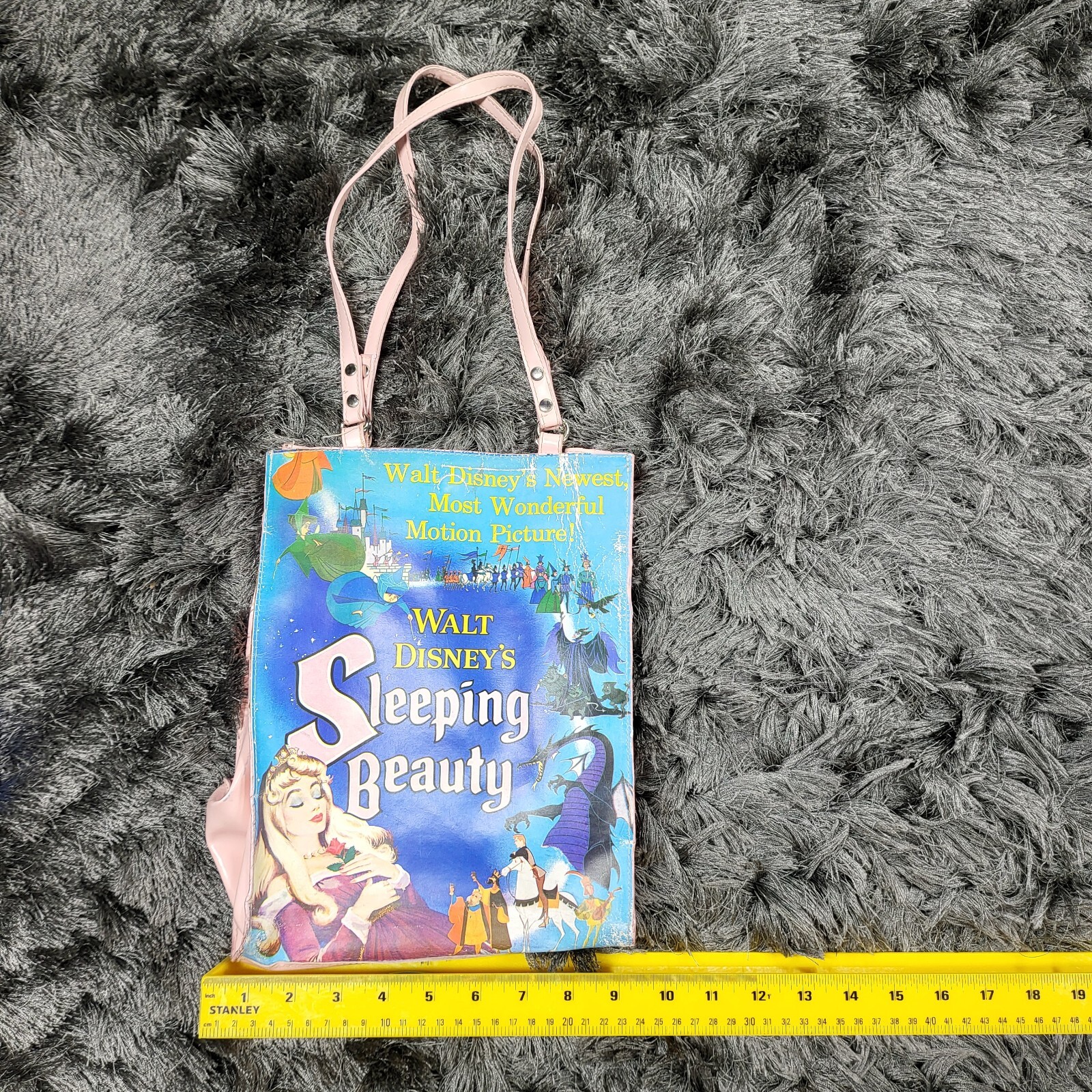 Vintage Walt Disney Sleeping Beauty Vinyl Tote Bag Blue Double Handle 9x12 Flaw