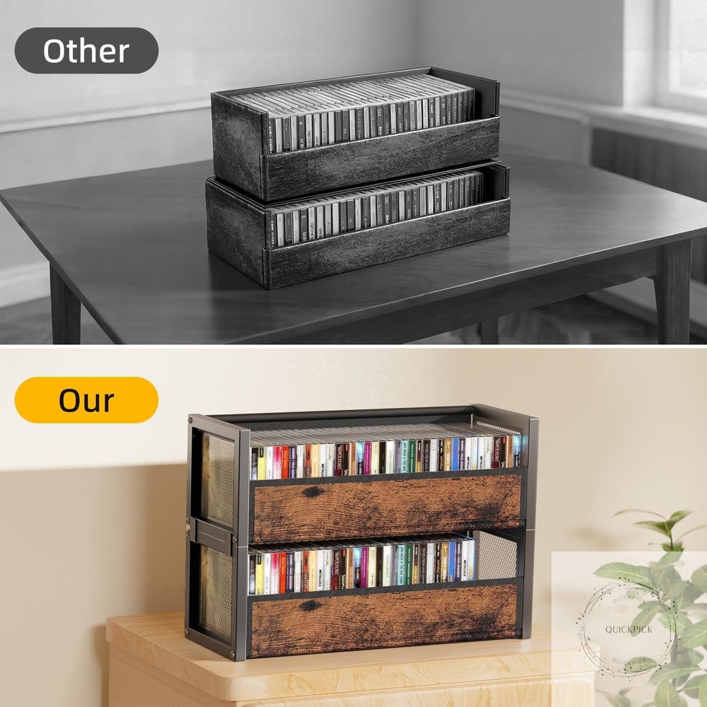 2-Tier CD Holder with Fabric Wood Grain Texture, Stackable CD Storage Case and