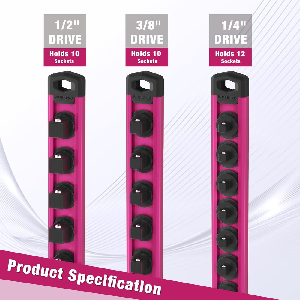 WORKPRO Heavy Duty Magnetic Socket Organizer 1/2" Dr Socket Holder Rack 10 Clips