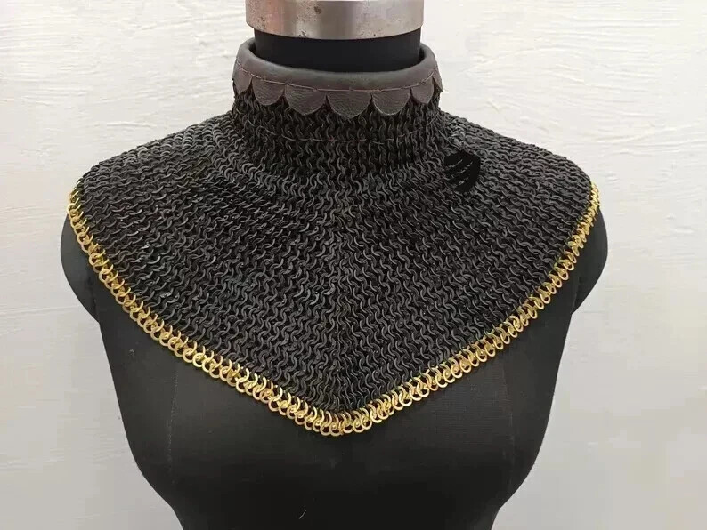 Chainmail Collar Flat Ring Riveted With Brass Trim Medieval Gorget SCA LARP