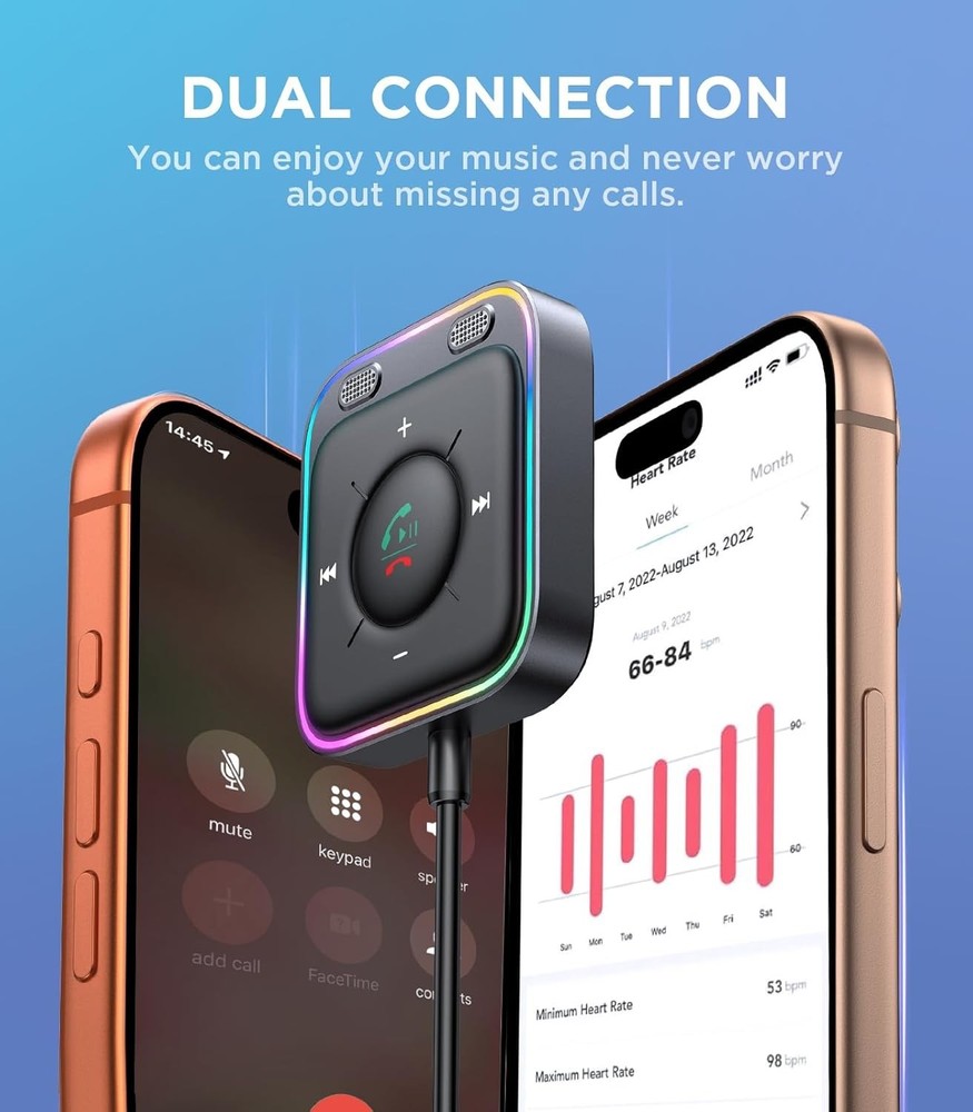 Bluetooth 6.0 AUX Car Adapter, Dual Mics Noise Cancellation, Plug-and-Play, Mult