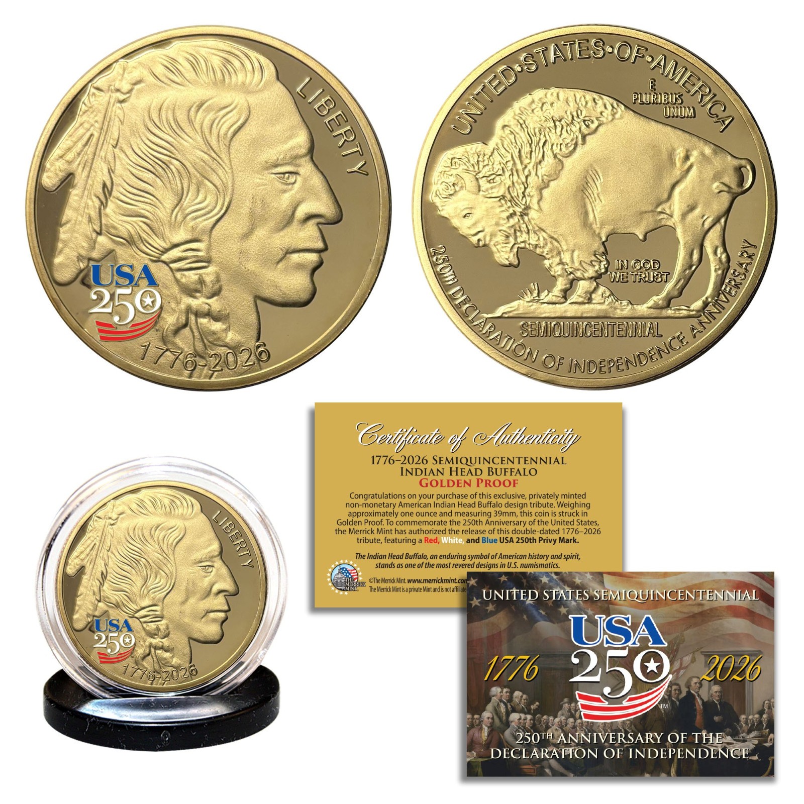 1776-2026 Semiquincentennial AMERICA 250 INDIAN BUFFALO Golden Tribute 1 OZ Coin