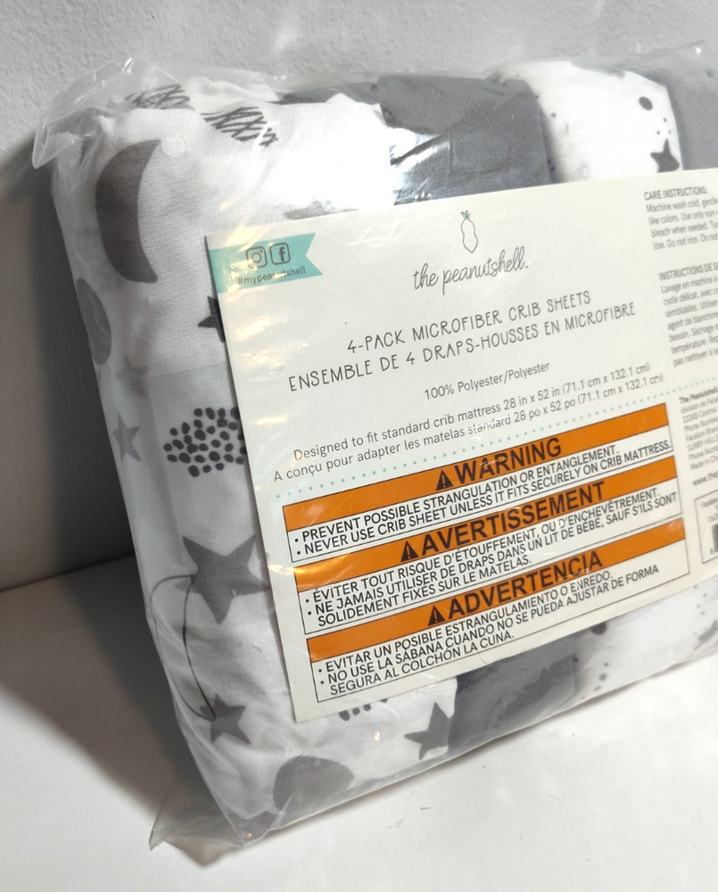 The Peanutshell 4 Pack Microfiber Crib Sheets Gray White Black Moon and Stars