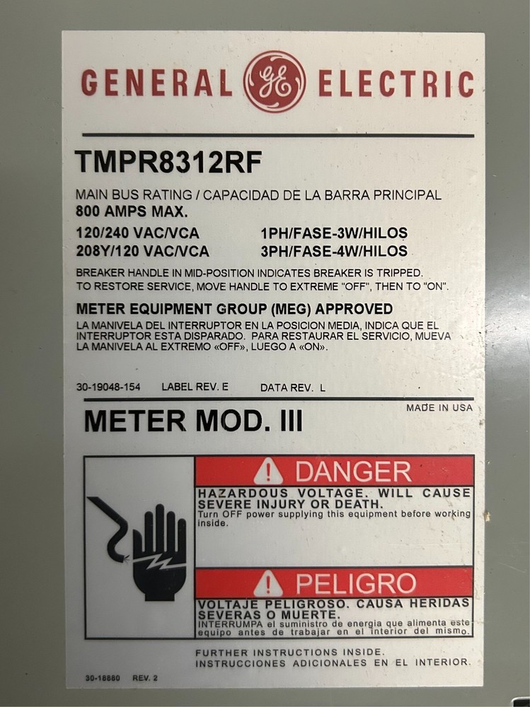 GE TMPR8312RF Ringless Modular Metering Meter Stack 800A 3-Socket 208Y/120VAC