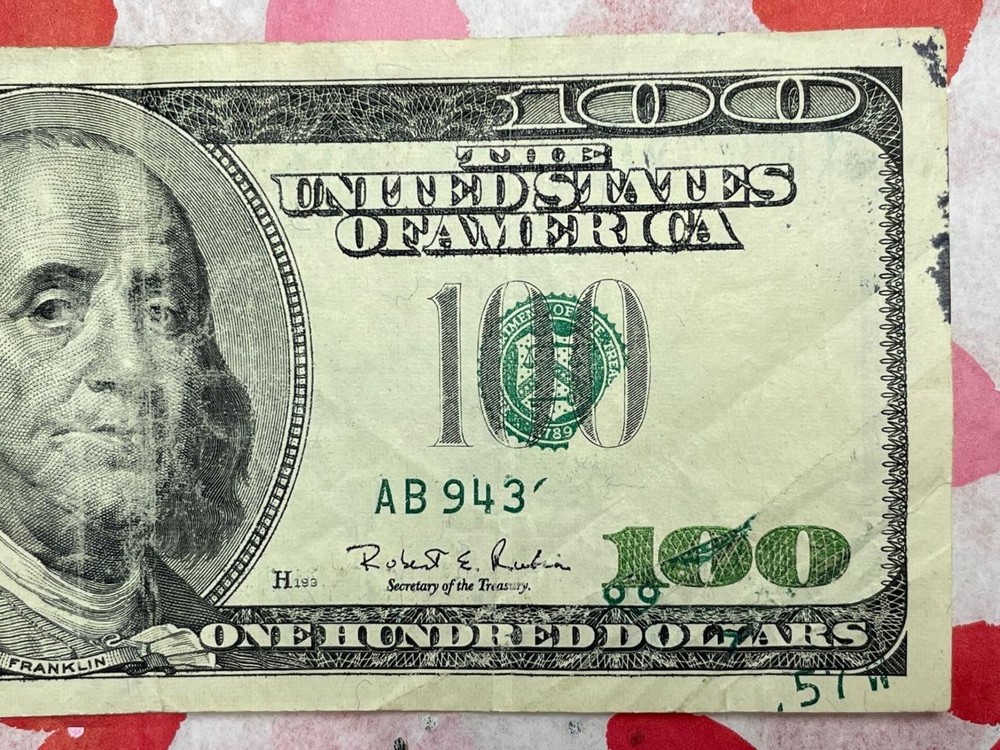 1996 $100 *SERIAL NUMBER INTERIOR FOLD ERROR* Circulated Withrow Rubin