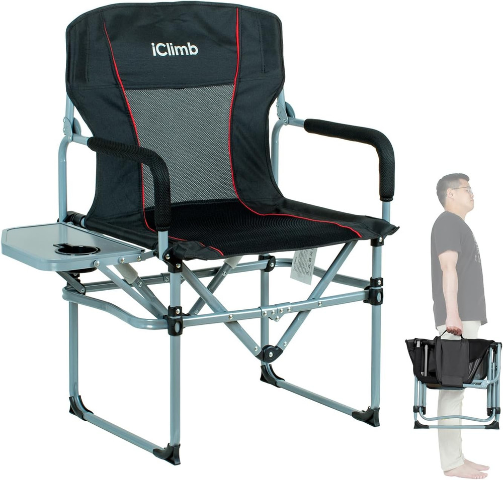 Heavy Duty Compact Camping Folding Mesh Chair with Side Table and Handle