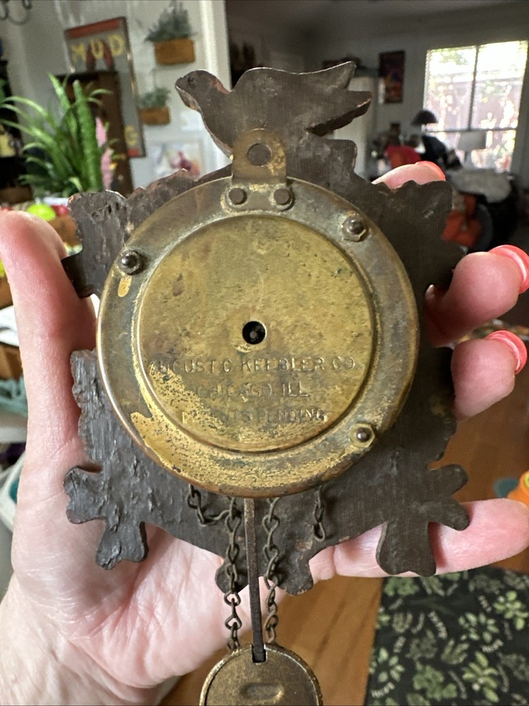 Antique August C Keebler Small 5" Wall Clock untested (NO KEY) Pinecone Weights