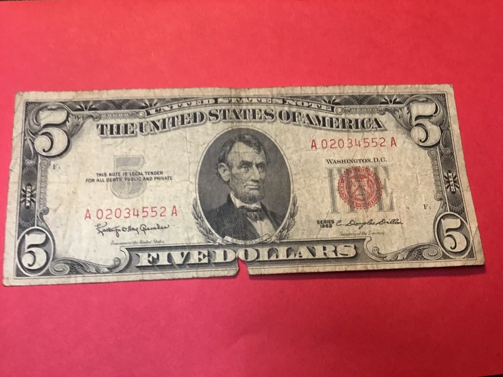1963 Five Dollar Red Seal $5 Red Seal Note US, 1 Note