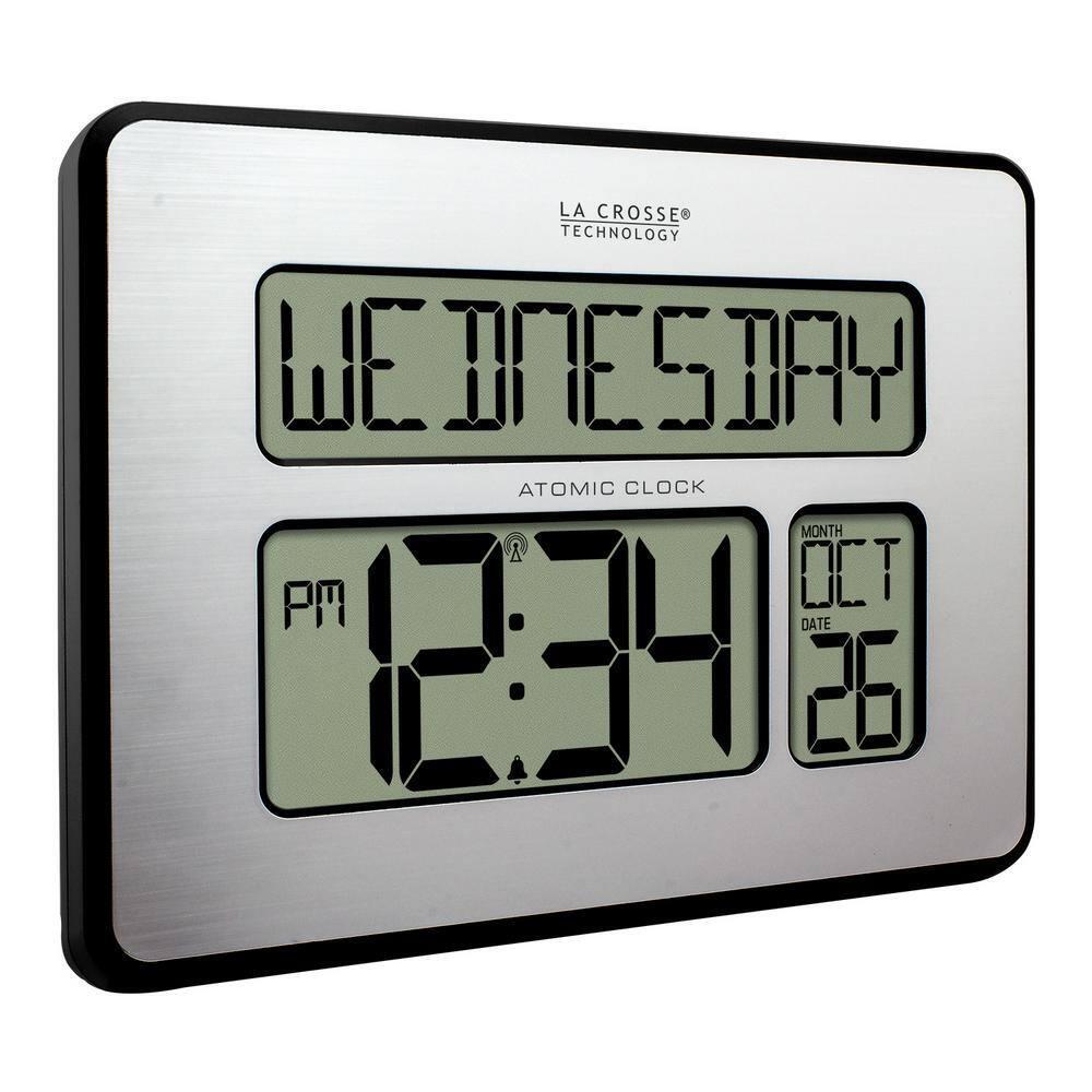 Digital Clock Atomic Extra Large Digit Easy to Read Display Full Calendar Silver