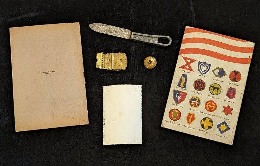 WWII US Army Brass Eagle Buckle, Button, MIDPAC Booklet & Mess Kit Knife