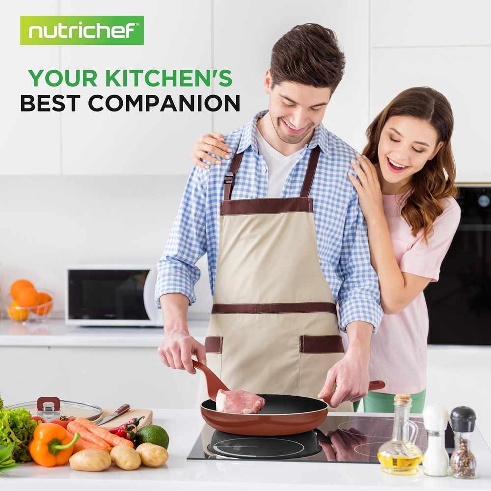 NutriChef 17pcs Brown Stackable Pots and Pans Set, Assorted Sizes,