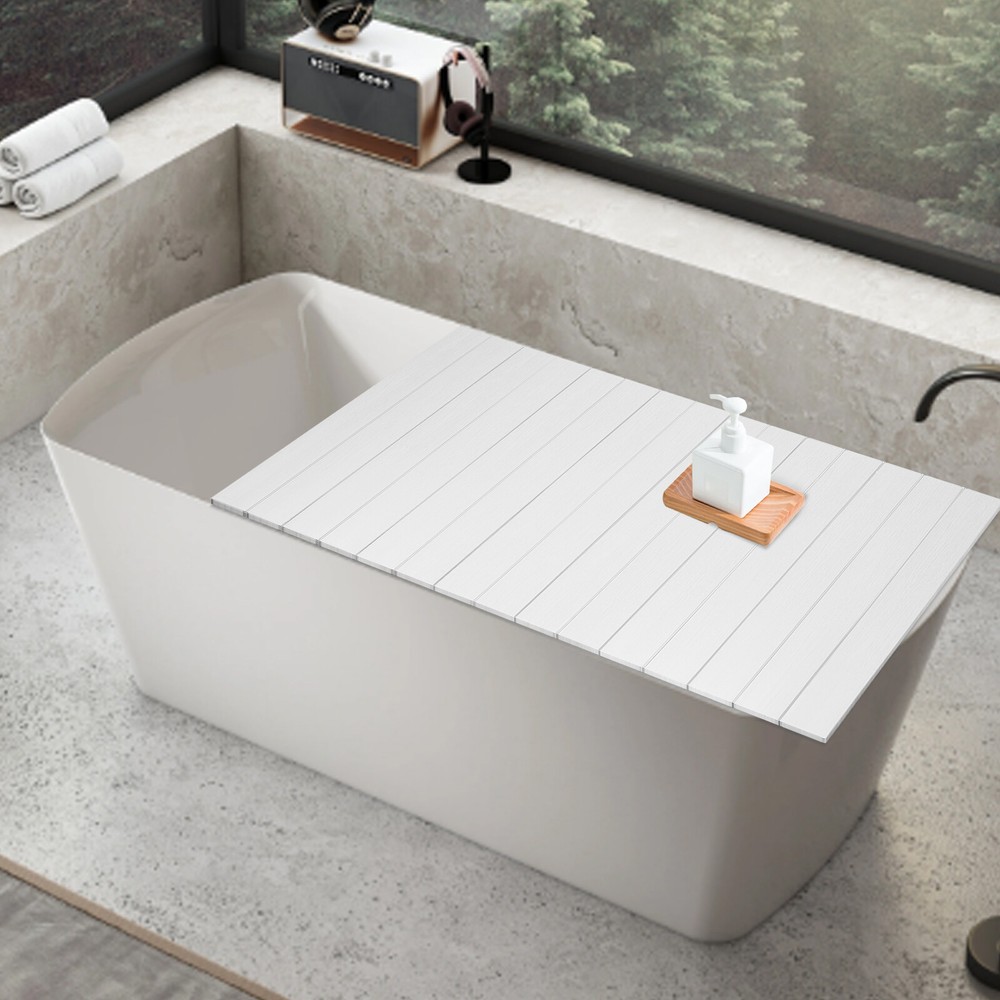 160*80cm Bath Cover Foldable White wood grain Rectangular Bath Lid for Bathroom