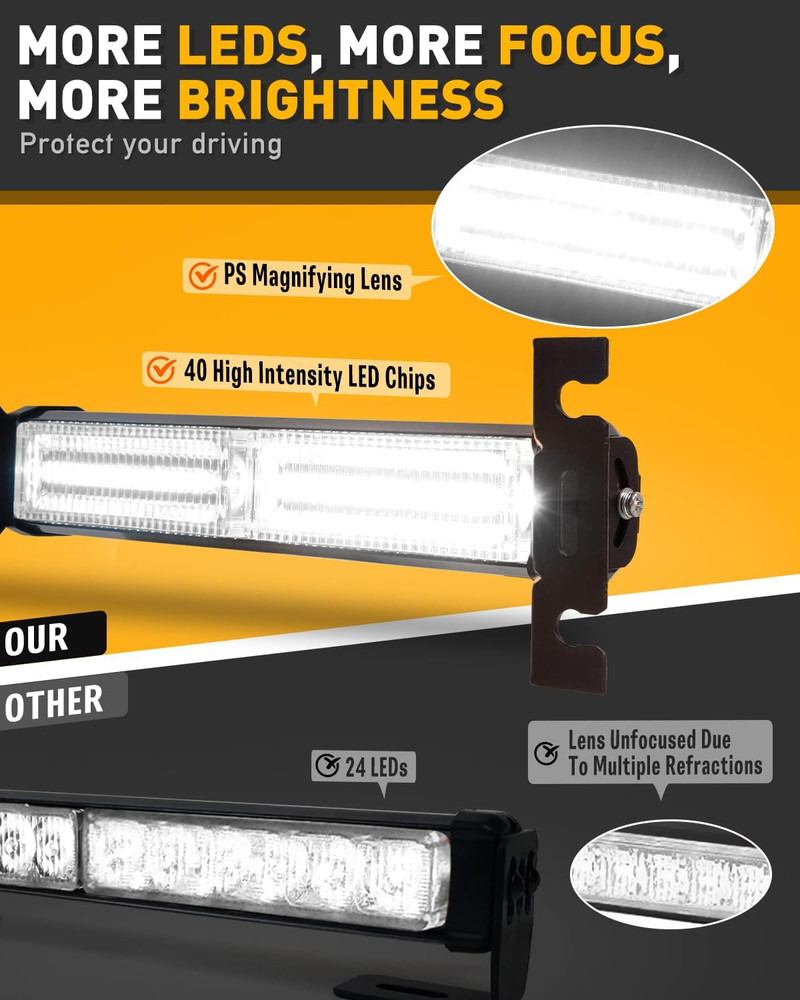 40 LED 12V Windshield Strobe Light Bar Traffic Advisor 26 Flash Modes 2x10.7
