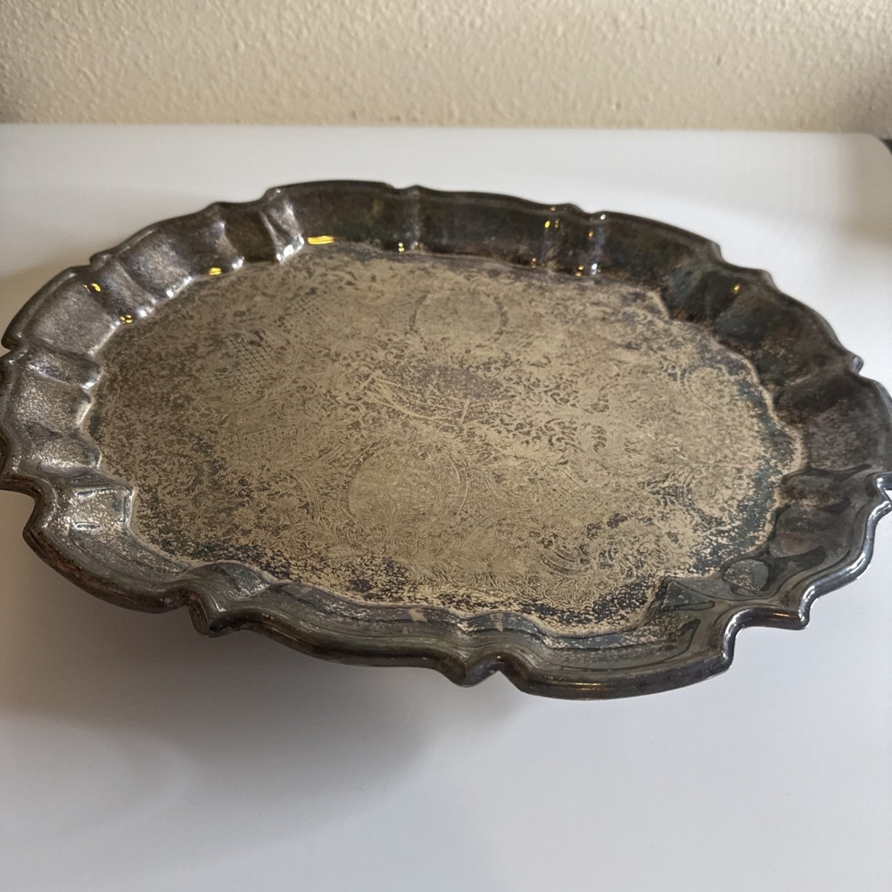 Vtg Silver Platter Tray Etched Scrollwork Footed Serving Leonard Silver