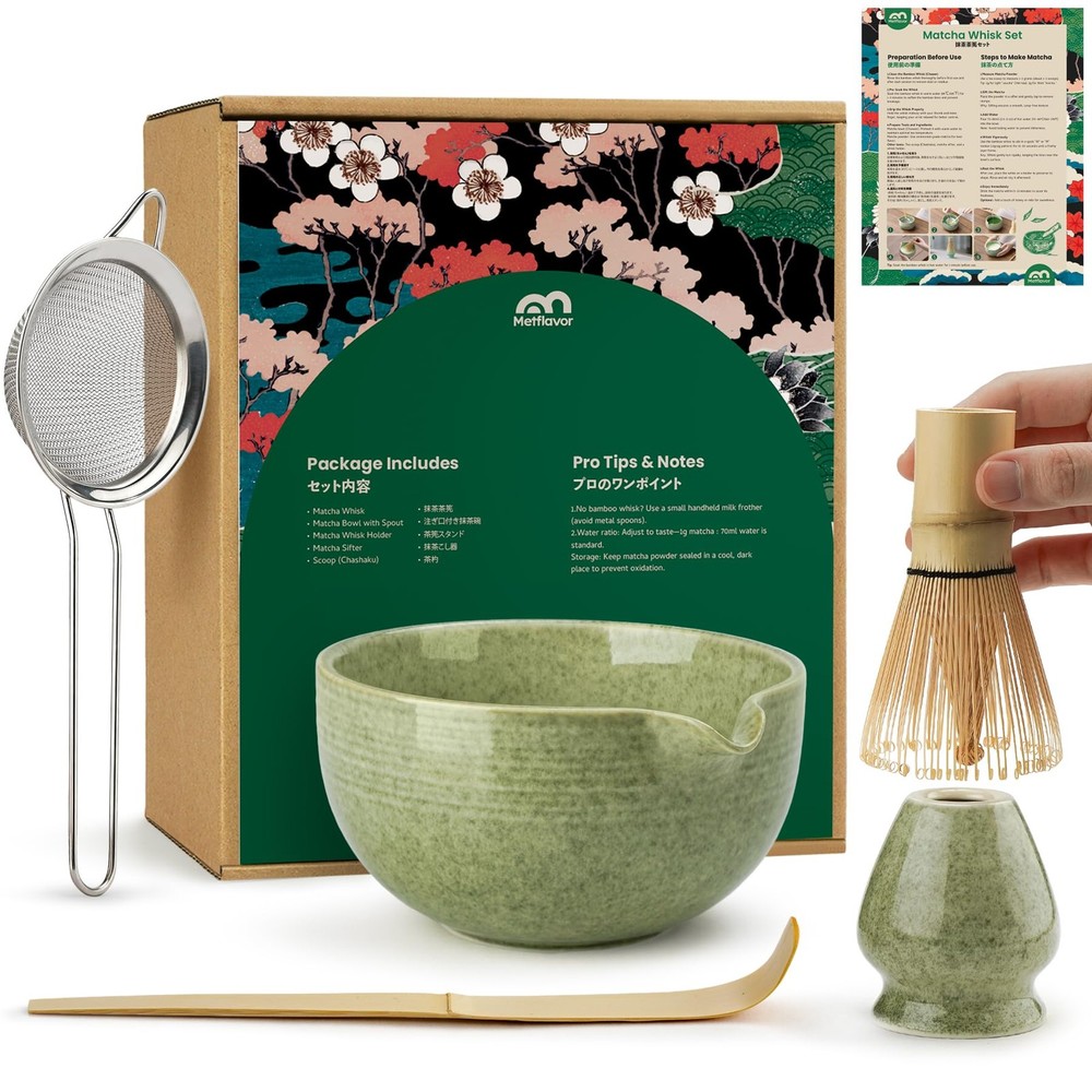 Matcha Whisk Set, Ceramic Bowl Kit & Regular, Mottled Green