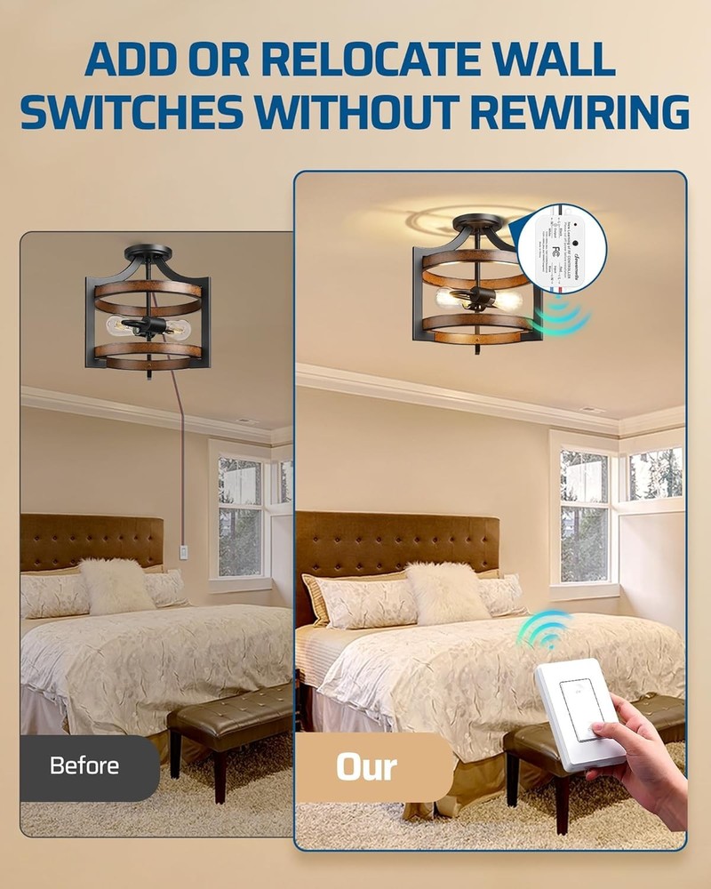 Wireless Remote Light Switch Kit, Programmable, No Wiring, 100 Ft RF Range