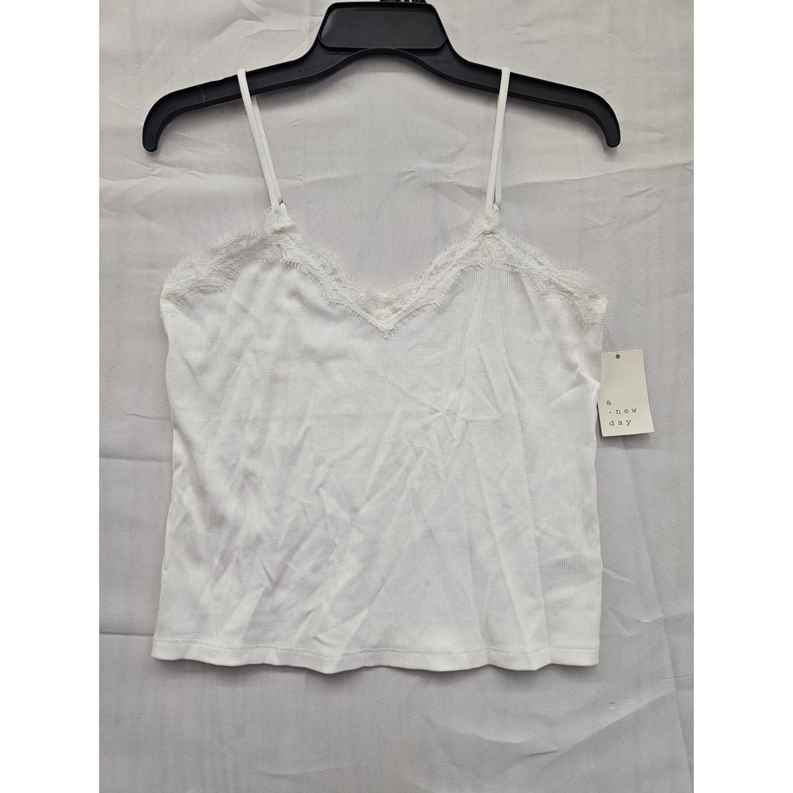 A New Day Womens White Ribbed Lace Trim Cami Tank Top Medium X0PWP8 NWT