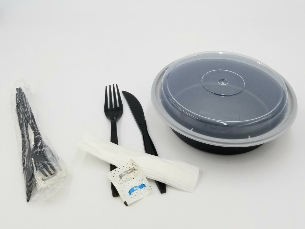 24 oz 7" Round Microwavable Container Combo + Individually Wrapped Cutlery Set