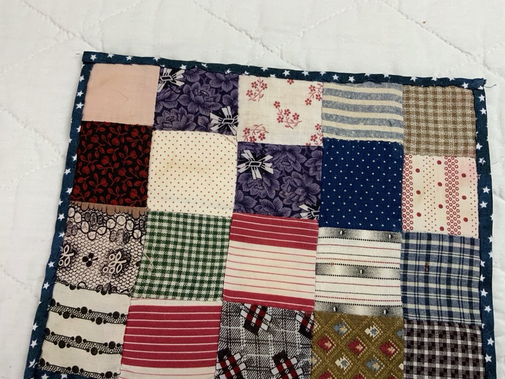 Antique Patchwork Quilt Table Topper, Rectangle, Four Patch, Early Calico Prints