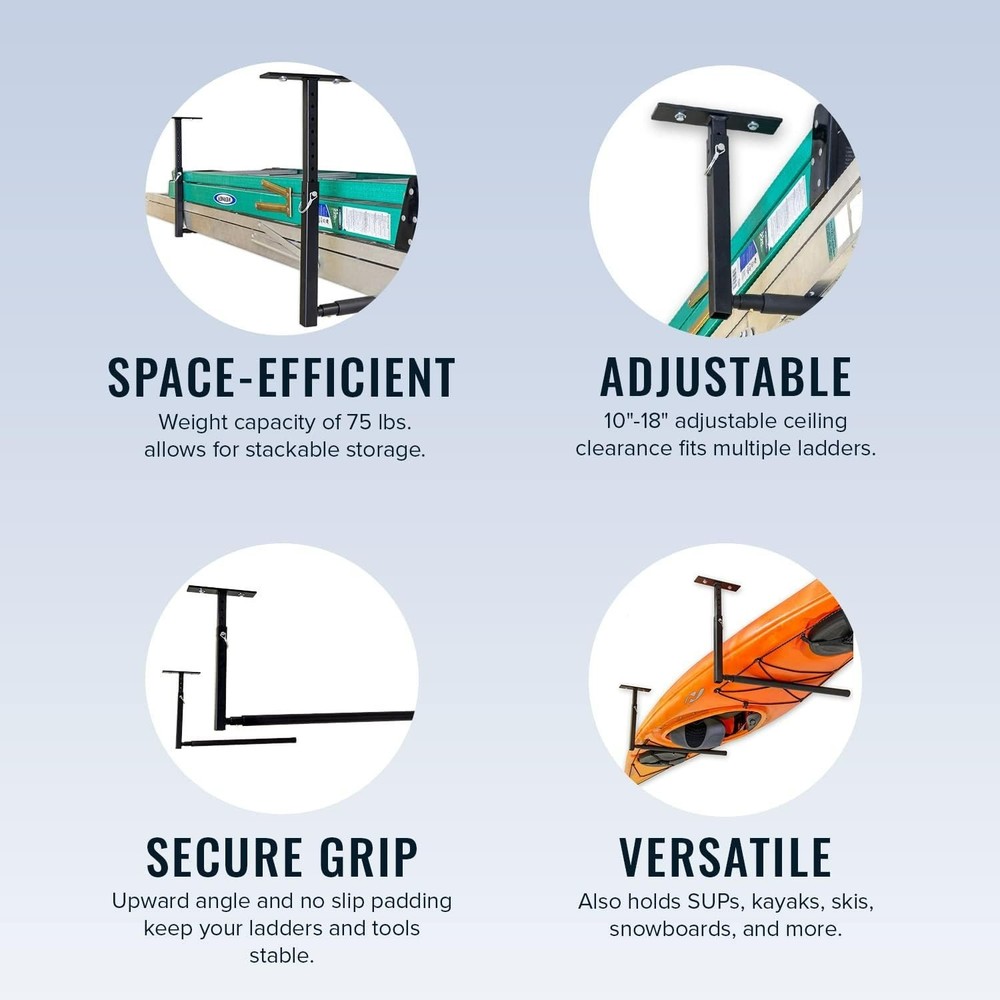 Adjustable Overhead Ladder Rack Ceiling Mount Garage Storage Shelf Holds 75 lbs