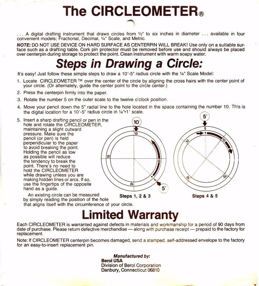 Berol Rapidesign Circleometer - Drafting Measuring Compass - 1/4" Scale RC-3 NOS