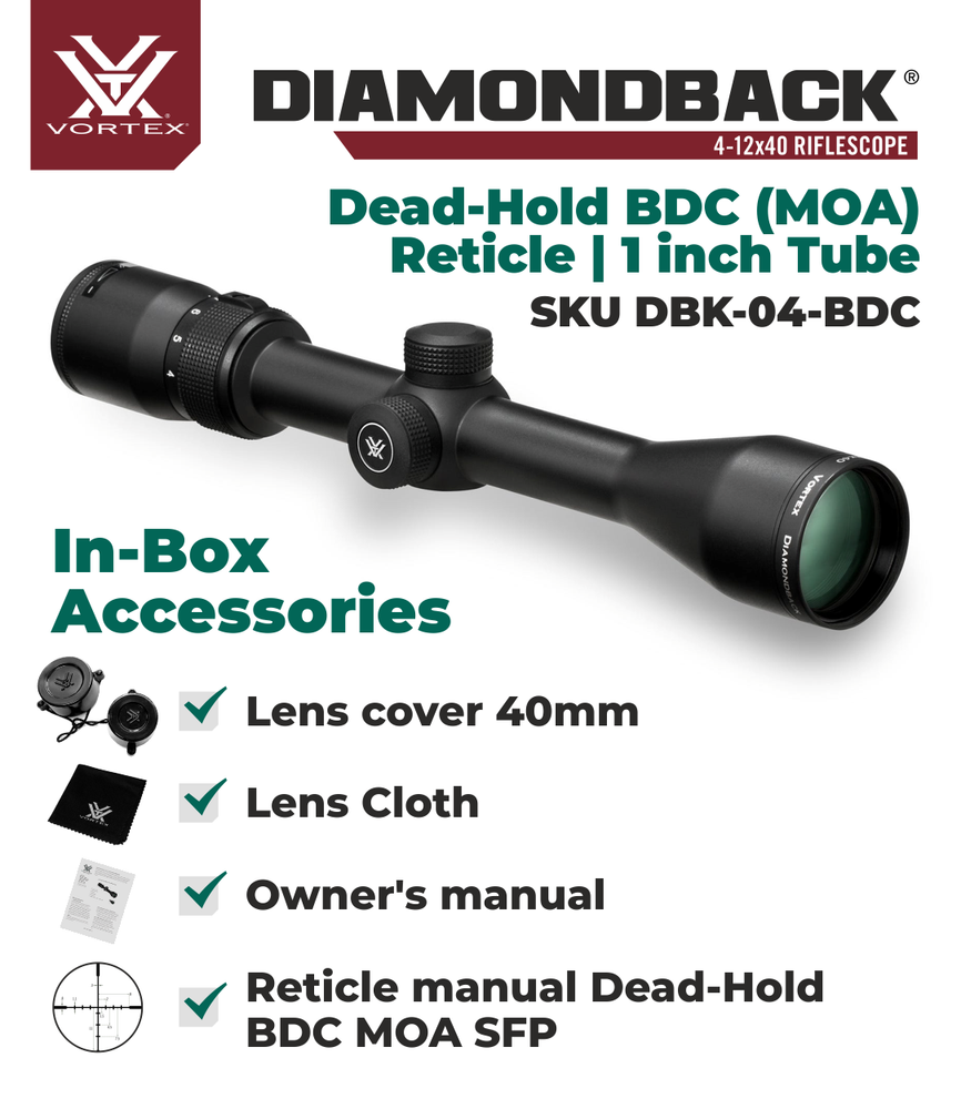 Vortex Diamondback 4-12x40 Riflescope Dead-Hold BDC MOA w/Camo Forest Hat Bundle